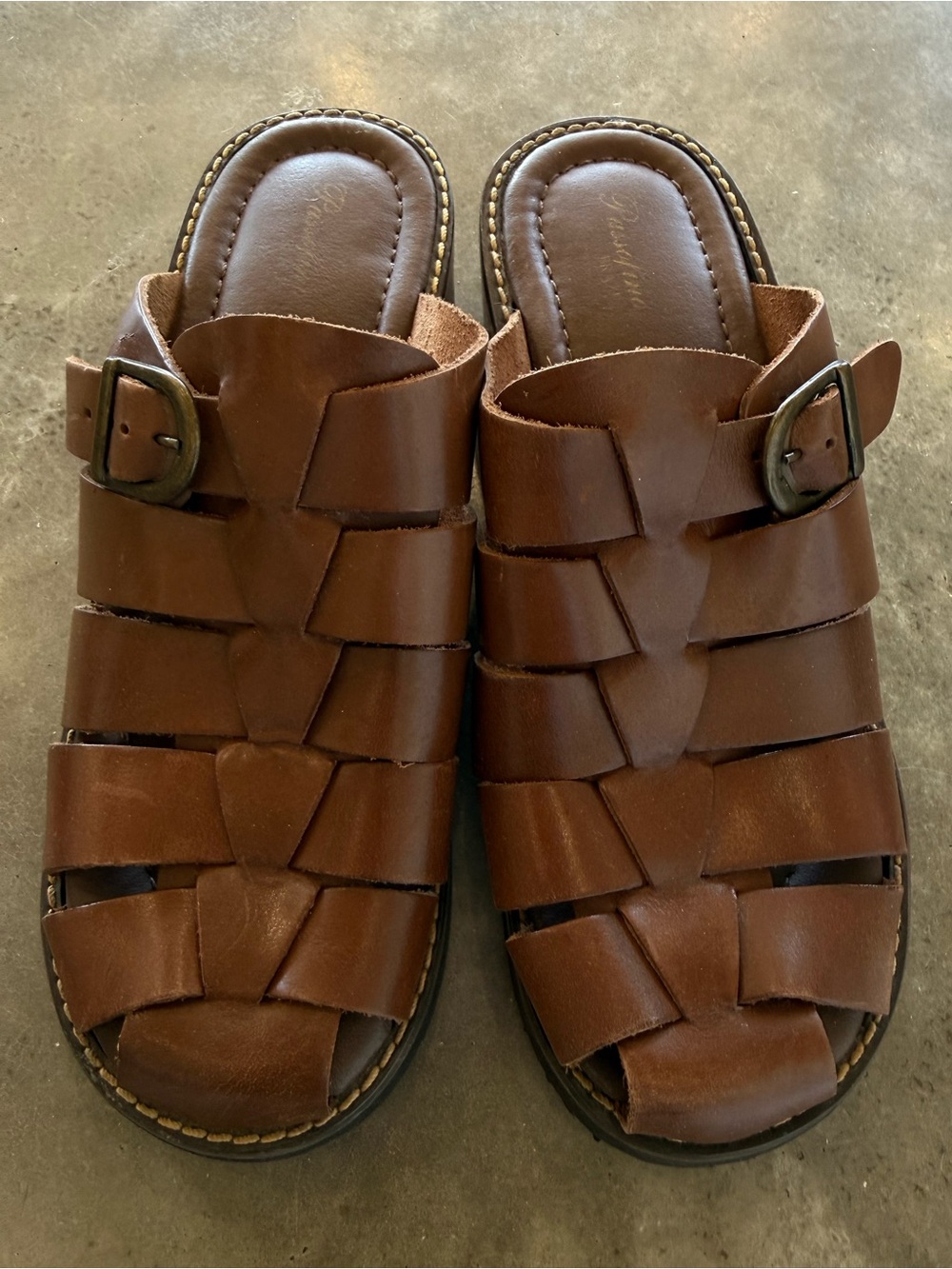 Leather Fisherman Sandals with wooden wedge heel. Brown